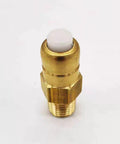 Front view of brass thermal release relief valve with white plastic cap and threaded end for pressure washer connections