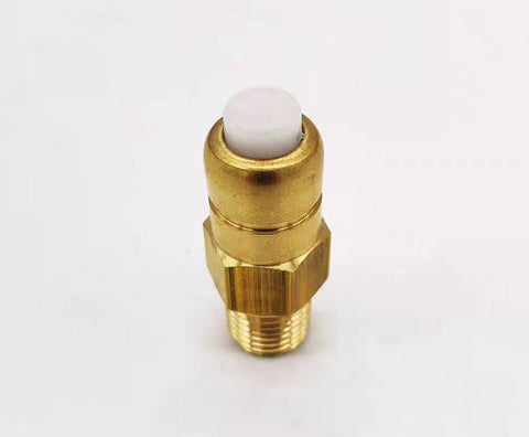 Front view of brass thermal release relief valve with white plastic cap and threaded end for pressure washer connections