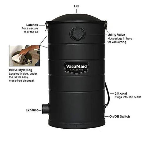 Pro Wall Mounted Garage And Car Vacuum With 50 Ft Hose And Tools, 7 Gallon Capacity, labeled components on black body