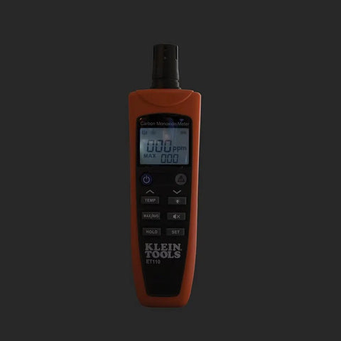 Front view of ET110 CO Meter And Carbon Monoxide Tester with Short Term Exposure Limit Alarm, orange portable detector.