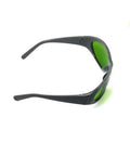 Heavy Duty Laser Safety Glasses With Crystal Clear Lenses Providing Straight Up Protection Against 660nm And 800 To 1095nm Wavelengths Featuring OD5 Rating For Labs And Clinics, side view, gray frame, green lenses.