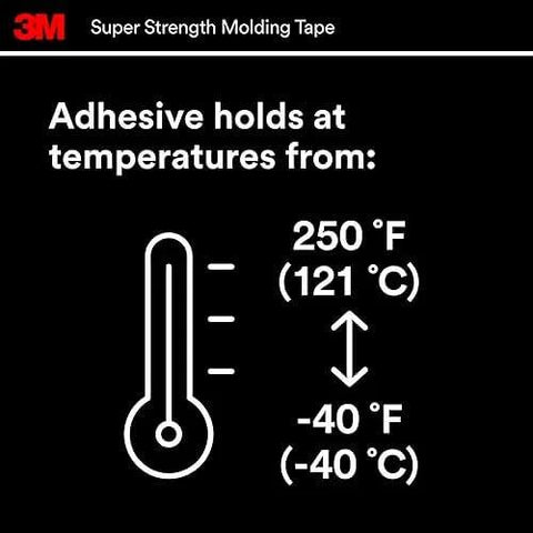 Super-Strength Molding Tape temperature range -40F to 250F display, includes Fahrenheit and Celsius scale for automotive use