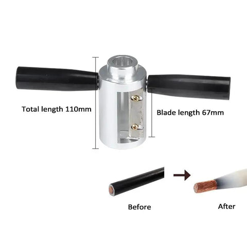 Kickass High Voltage Cable Chamfering Tool And Manual Ring Stripper With Forged Steel Die For Cross Linked Insulation Stress Cone Total No Sweat Operation, 110mm with 67mm blade, showing before and after effect.