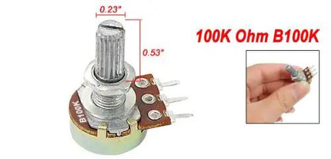 100K Ohm Linear Taper Rotary Potentiometer Top Adjust with Knurled Shaft, Half Watt Power, shown with dimensions and a hand holding it