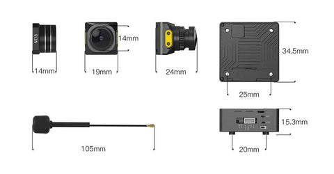 Dimensions and components of Moonlight FPV Kit With Ultra HD 4K 60FPS Camera, Built In EIS Gyroflow for RC Drones and FPV Goggles.