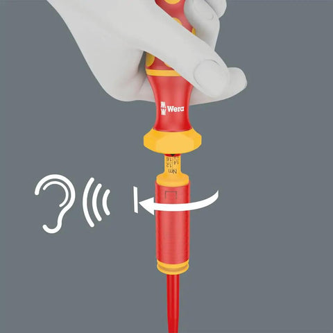 Series 7400 VDE Kraftform Adjustable Torque Handle 1.7-3.5 Nm with audible overload signal, showing multicolor grip in hand