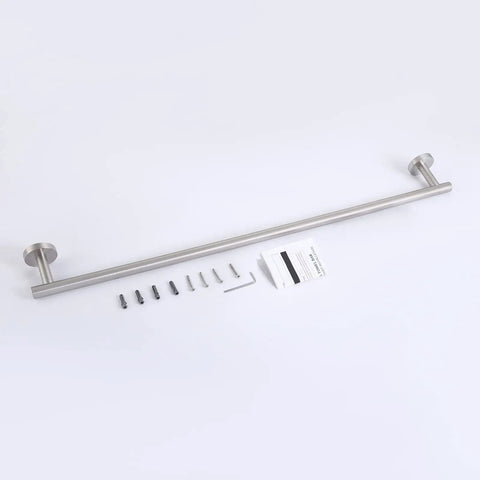 30 Inch Stainless Steel Towel Bar For Bathroom Wall Mount, SUS304 Rust Proof Brushed Finish, Easy Screw Mount shown with hardware pack.
