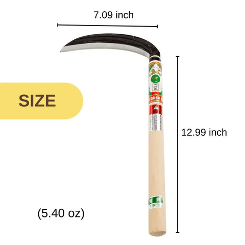 Japanese Weeding Sickle Thin Blade High Grade Blue Steel No 2 Lightweight Garden Tool For Weeding And Farming with size details.