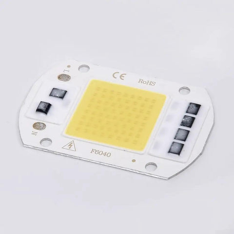 LED COB Chip Floodlight Bulb 20W 30W 50W 220V Input High COB chip with yellow surface on a white base.
