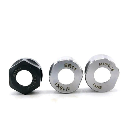 Heavy Duty ER11 Collet Clamping Nut For Lathe And CNC Machining Precision Steel Chuck Tightener M15 M13 M14 sizes displayed.