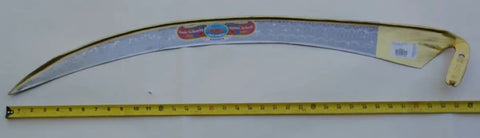 Oftner Hand Forged Scythe Blade From Austria, 34 Inch Length, curved edge blade next to measuring tape, Austrian steel