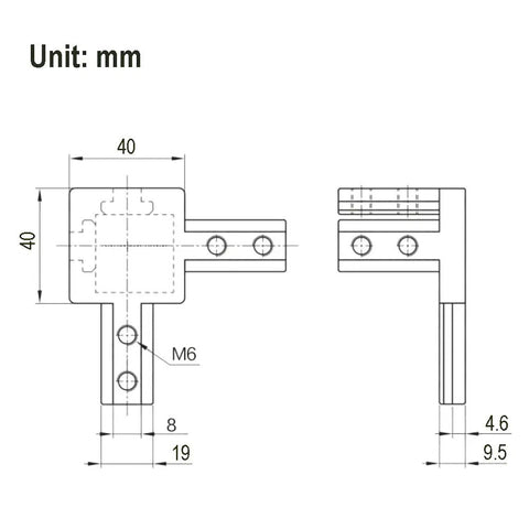 Technical drawing of 4 Pack Black 4040 Series 3-Way End Corner Bracket with M6 screws for 8mm slot T-slot aluminum extrusion profiles.