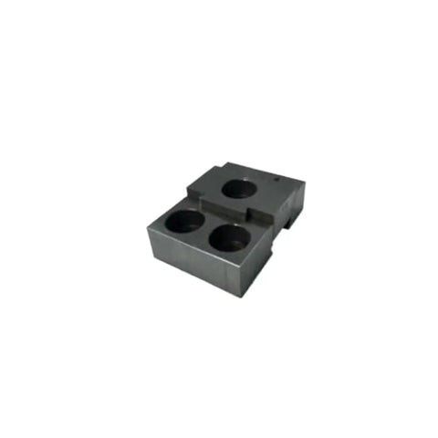 Knockout Precision CNC Wedge Vise With Rock Solid Clamping Block For Multi Station Machining Quick Swap aluminum and steel fixtures tight grip workholding tool shown from an angle with two circular recesses.