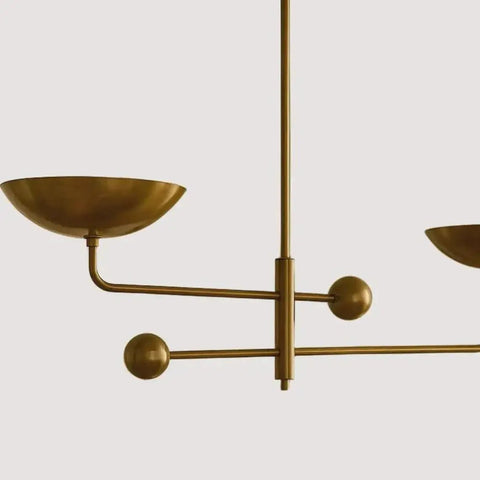 Brass Chandelier Light Fixture, Handmade Sputnik Style Modern Ceiling Light with two bowl shades and central pole construction.