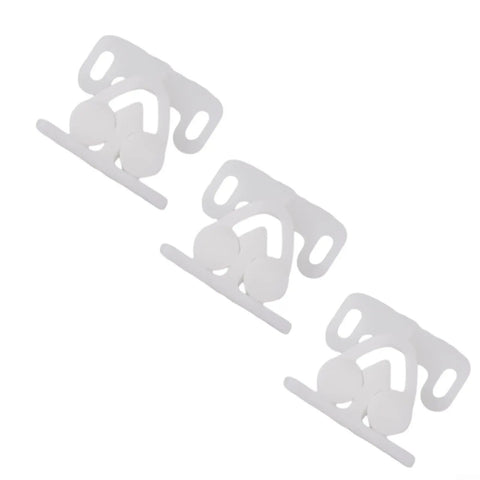 3 Pack Spring Loaded Door Latch Ball Roller Catch Set in white ABS plastic for cabinets, cupboards, and drawers, top view