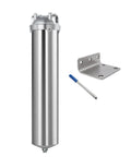 Beefy Stainless Steel Whole House Water Filter Housing With Dual Three Quarters Inch NPT Ports 20 Inch By Two And A Half Inch Sediment Filter System, showing housing and mounting bracket with tool.