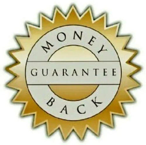 Gold seal with text 'Money Back Guarantee' emphasizing quality assurance for products.