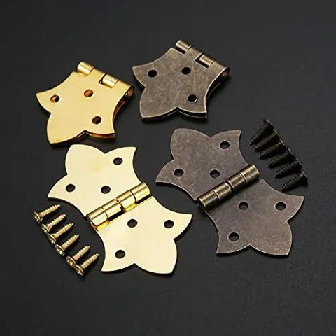 Two Pack Antique Bronze Gold Flower Hinges For Cabinets And Doors With Screws 6 Hole Iron Hinge Set For DIY Furniture Hardware