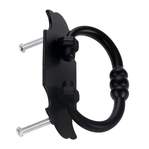 2 Pack Antique Black Ring Knob Pulls With Heavy Duty Mounting Screws For Kitchen Cabinetry Vintage Drawers And Modern Furniture Built Tough. Close up view of black ring knob with mounting screws.