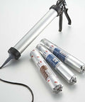 Large caulking gun with polyurethane adhesive tubes for glass, automotive, construction; tubes labeled in metallic wrap.