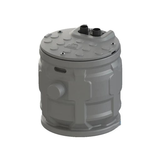 Heavy Duty 24 Inch Sewage Ejector Basin With Grinder Pump System built like a tank in grey, designed for wastewater handling.