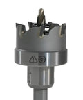 Close-up of a Heavy Duty Carbide Hole Cutter 1 3 Eighth Inch Creates Clean Holes In Stainless Steel Mild Steel Iron Copper Brass Up To Three Sixteenth Inch Thick Built Tough For Long Lasting Performance In Serious Metalwork Projects showing cutting teeth and pilot.