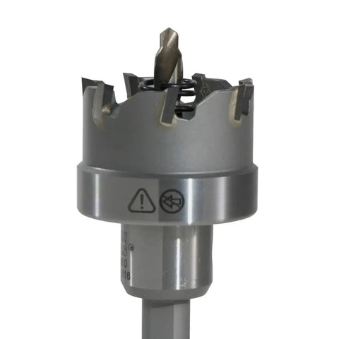 Close-up of a Heavy Duty Carbide Hole Cutter 1 3 Eighth Inch Creates Clean Holes In Stainless Steel Mild Steel Iron Copper Brass Up To Three Sixteenth Inch Thick Built Tough For Long Lasting Performance In Serious Metalwork Projects showing cutting teeth and pilot.