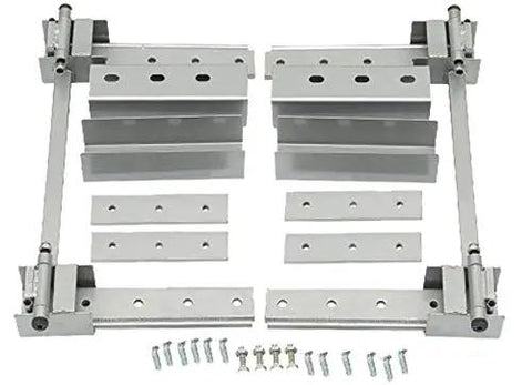 Super Heavy Duty Universal Hidden Hinge Kit for Double Doors with Beefy Bushed Steel Frame, includes all mounting components.