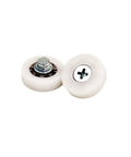 Close-up of Ten Pack Drawer Bearing Wheels Set For Smooth Sliding, M6x26x7mm drawer rollers, white replacement parts, DR26 series.