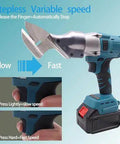 Cordless Electric Sheet Metal Shears With 360 Degree Swivel Head, showing stepless variable speed control and rechargeable batteries
