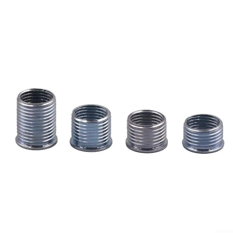 Four steel inserts from Beefed Up Thread Repair Kit With Reamer And Tap For Damaged Threads, Four Steel Inserts For Reliable Long Lasting Restoration, Precise Fit, Easy To Use.