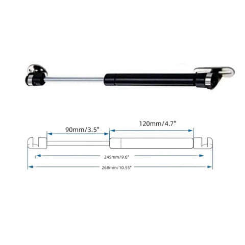 10 Inch Gas Struts 20N Lift Supports For Cabinets Toy Boxes And More Soft Open Lid Gas Springs Two Pack Black Durable Hardware For Shelves Tool Boxes And Car Trunks, showing design and dimensions.