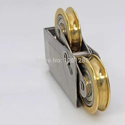 Heavy Duty Double Brass Window Slider Roller Set With Stainless Steel Axle And Copper Bearing Pulley Slick Glide Replacement For Vinyl Patio Doors Hassle Free Quick Swap Fix Stub Tracks Heavy Duty Upgrade, side view showing dual brass wheels.