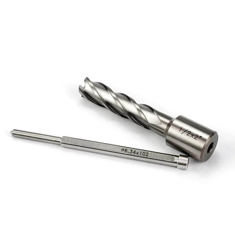 Two-piece set: 1/2 in x 2 in HSS annular cutter with spiral flutes and Weldon-shank drill bit.