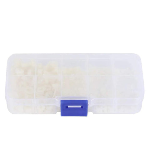 270 Piece Nylon Screw Set In Resealable Box, Assorted White Nylon Fasteners For DIY Projects, Easy To Tighten And Loosen Threads, Ultra Tough, Reliable Quality, Long Lasting Use, Handy Storage Box Included, transparent storage box with blue latch
