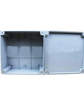 Front view of explosion-proof aluminum junction box with hinged lid; open interior shows mounting bosses.