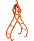 Orange four-claw log grapple with swiveling steel lifting tongs