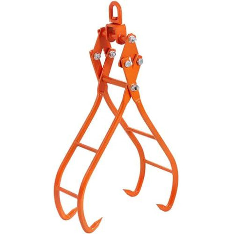 Orange four-claw log grapple with swiveling steel lifting tongs