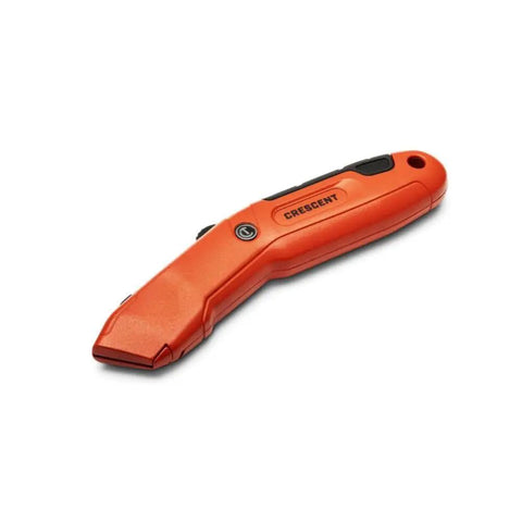 Auto Retracting Safety Utility Knife With Quick Change Blades, thumb bridge grip and end cap storage, side view.