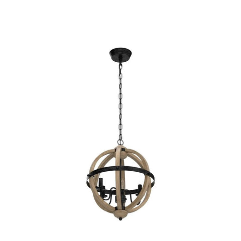 Orb Four Light Farmhouse Chandelier In Stardust Brown Finish with rustic wood accents, hanging chain detail, farmhouse style lighting.
