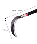 Two Pack Manganese Steel Garden Sickle Tool Set showing ergonomic handle with dimensions for weeding, mowing, harvesting.