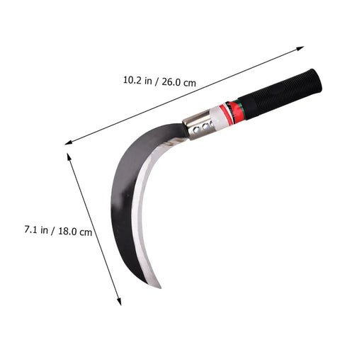 Two Pack Manganese Steel Garden Sickle Tool Set showing ergonomic handle with dimensions for weeding, mowing, harvesting.