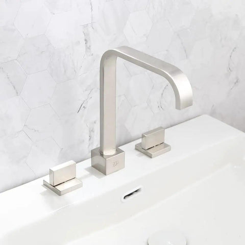 Brushed Nickel Two Handle Widespread Bathroom Sink Faucet, Solid Brass Construction, 8 Inch Center, Slick Waterfall Style Basin Mixer