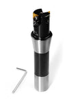 Beefy Indexable End Mill With R8 Shank One Inch Cutting Diameter And Five And Nine Sixteenths Inch Length Built For Smooth Milling Tin Coated TPG22 Inserts Two Flutes Includes Two TPCN1103PDTR Inserts For Metalworking with hex key
