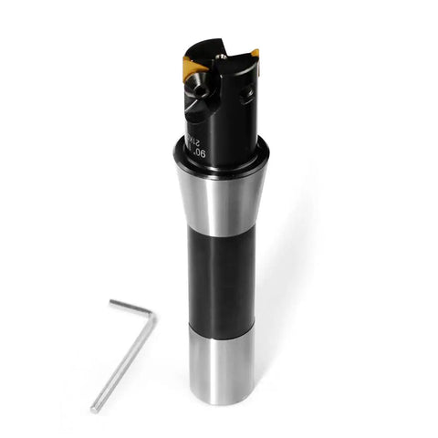 Beefy Indexable End Mill With R8 Shank One Inch Cutting Diameter And Five And Nine Sixteenths Inch Length Built For Smooth Milling Tin Coated TPG22 Inserts Two Flutes Includes Two TPCN1103PDTR Inserts For Metalworking with hex key
