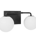 Two Light Mid Century Vanity Lights Over Mirror Matte Black With Milk White Glass Globes Dope Industrial Farmhouse Bathroom Lighting Fixture Set IP44 Waterproof Easy Install Vintage Style Bath Glow, front view.