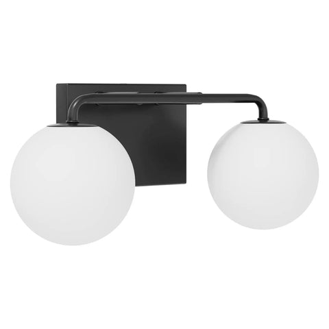Two Light Mid Century Vanity Lights Over Mirror Matte Black With Milk White Glass Globes Dope Industrial Farmhouse Bathroom Lighting Fixture Set IP44 Waterproof Easy Install Vintage Style Bath Glow, front view.