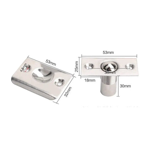 Stainless Steel Adjustable Roller Ball Door Catch Lock With Brass Finish, dimensions shown for secure installation.