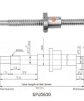 Two Piece 16mm Ball Screw Kit SFU1610 RM1610 diagram showing detailed measurements and ball screw structure, includes nut and end supports.