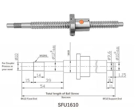 Two Piece 16mm Ball Screw Kit SFU1610 RM1610 diagram showing detailed measurements and ball screw structure, includes nut and end supports.